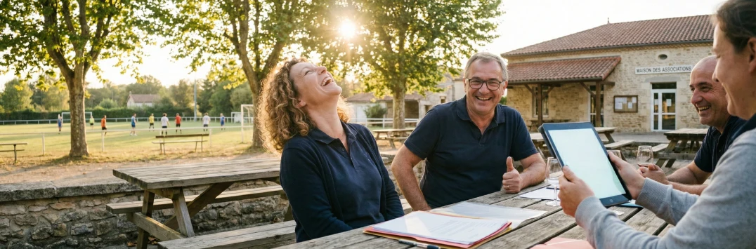 Équipe associative souriante utilisant Remeyd sur une tablette