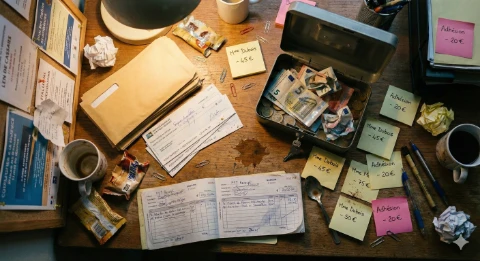 Bureau encombré d'enveloppes et chèques en attente