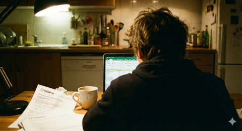 Bénévole fatigué recopiant des données dans un tableur